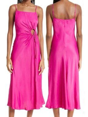 FARM RIO Hot Pink Satin Cut-Out Drawstring Tassel Beaded Slip-Dress